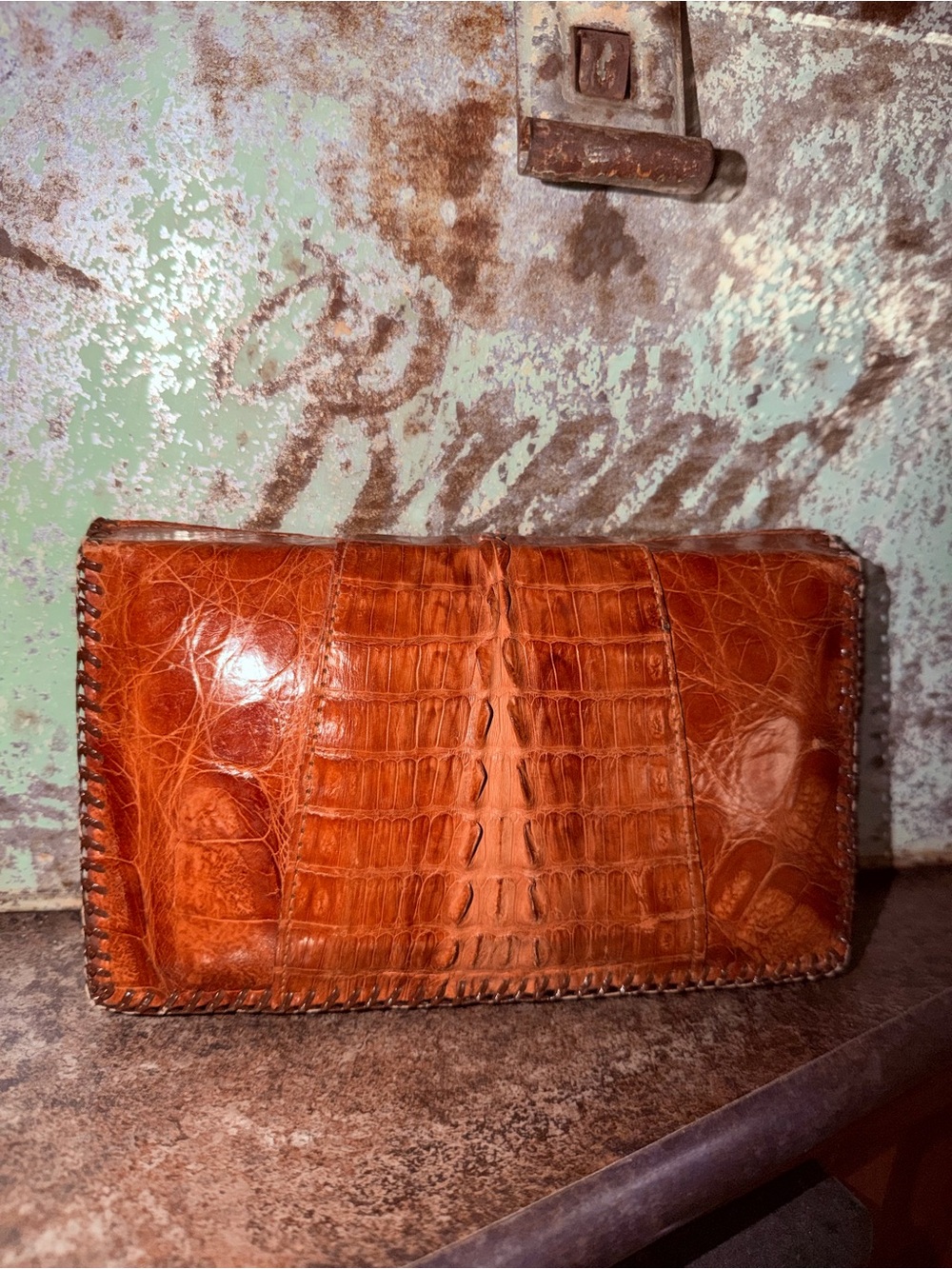 Cognac Crocodile-Embossed Leather Wallet